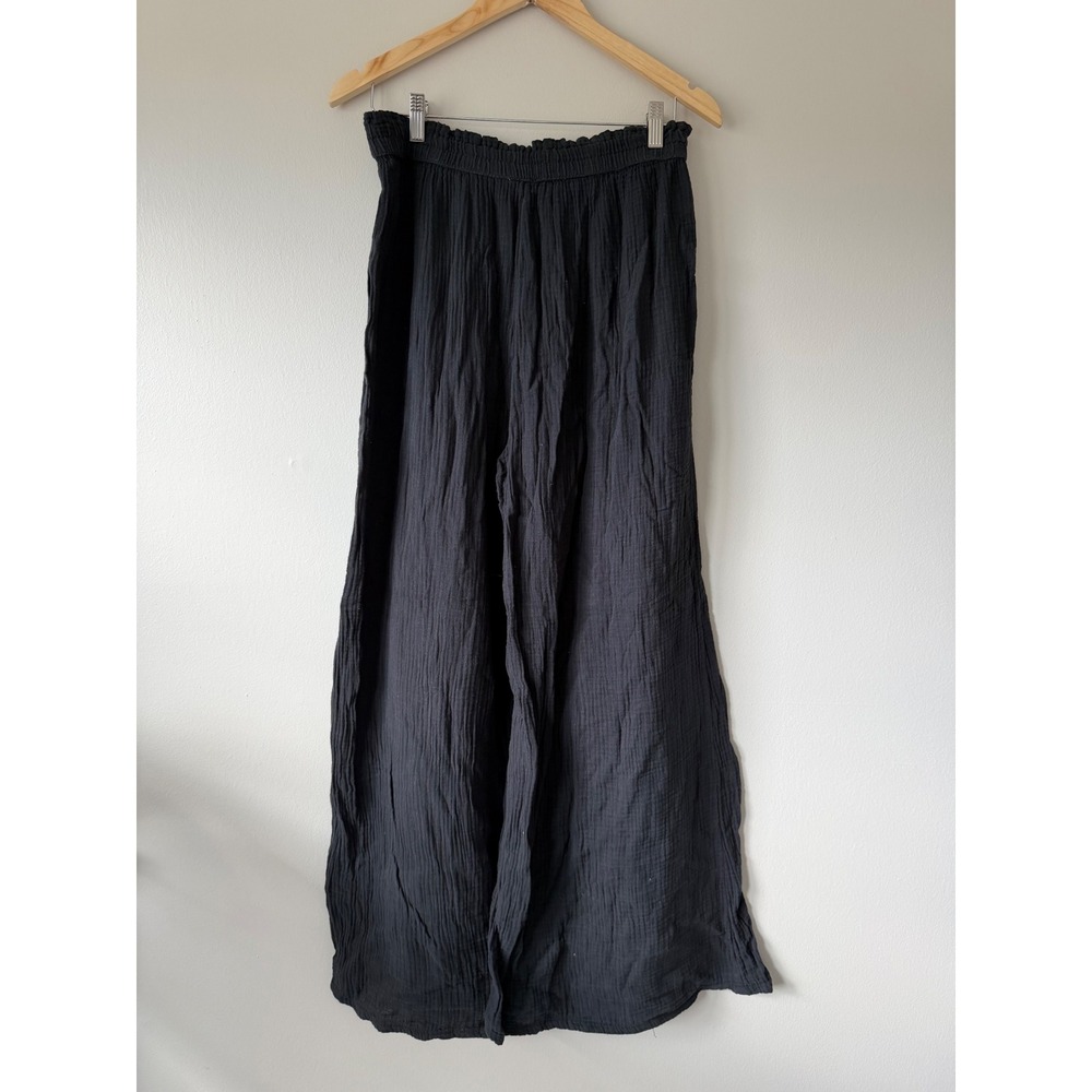 Aerie Black 100% Cotton Wide Leg Pants High Waisted Flowy Beach Lounge Large - Picture 8 of 8